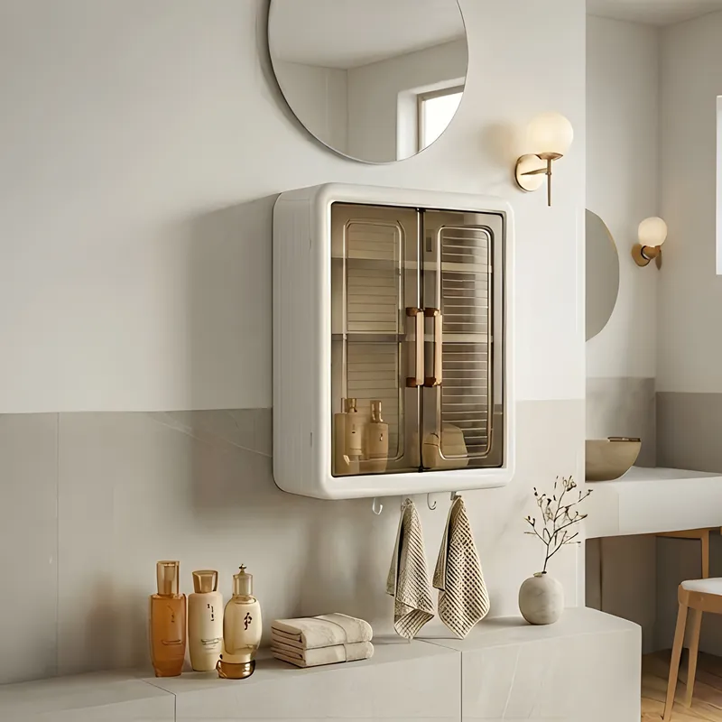 무타공 욕실 수납장 벽걸이 방수 투명도어 화이트