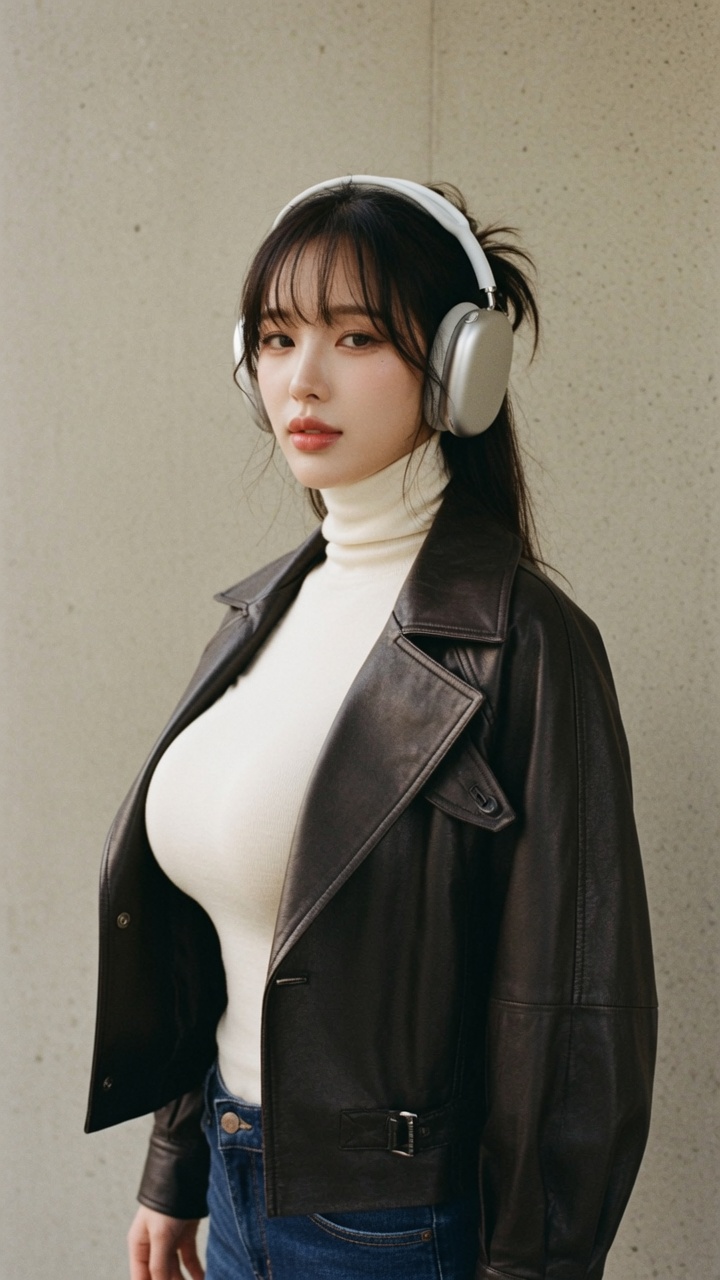 가죽 재킷에 헤드폰 하나