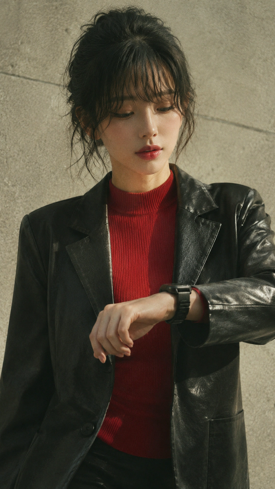 가죽 재킷에 시계 하나