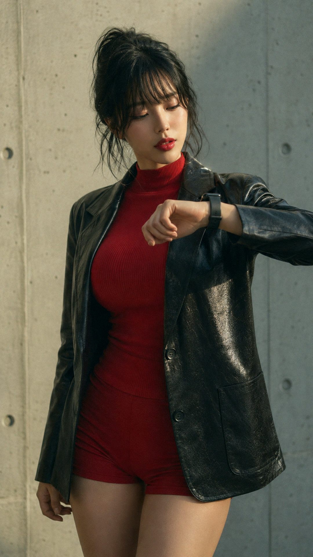 가죽 재킷에 검은 시계 하나 착장 사진