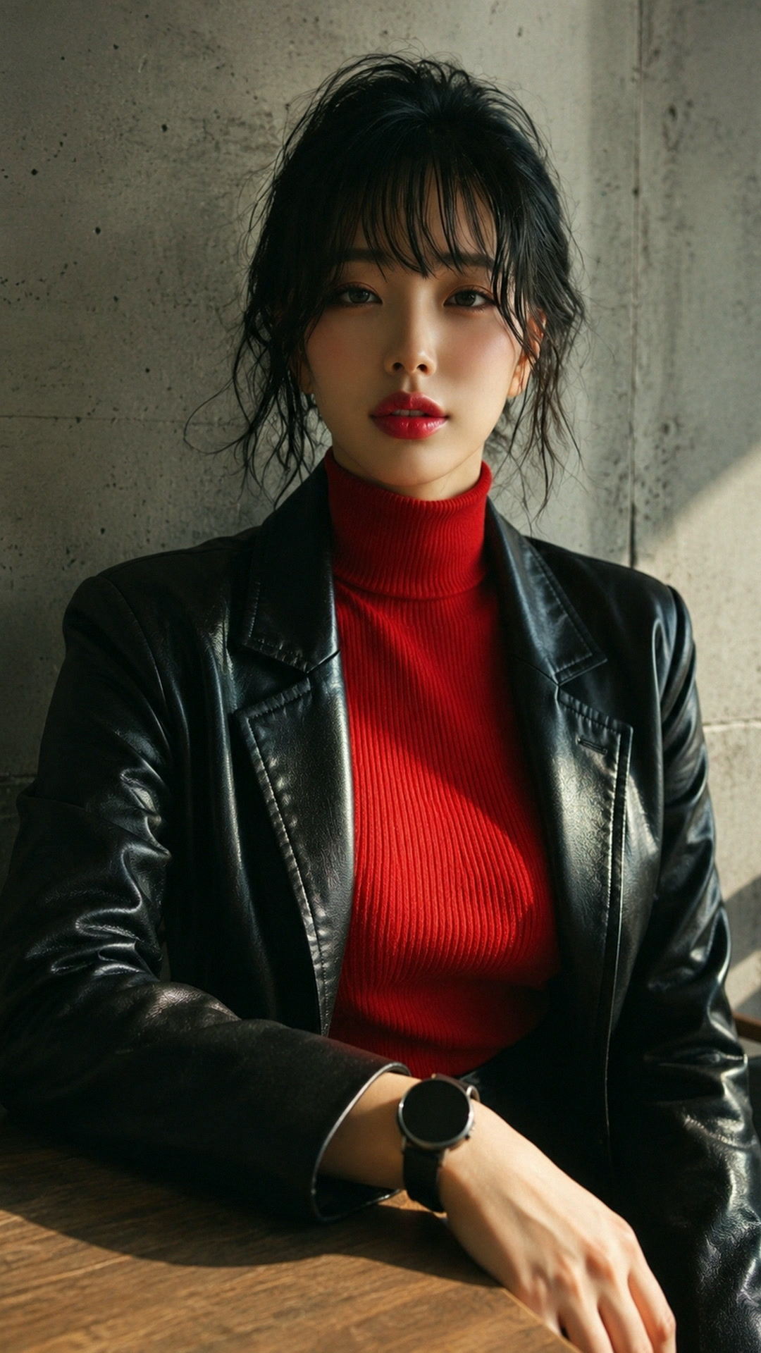 가죽 재킷에 검은 시계 하나 착장 사진