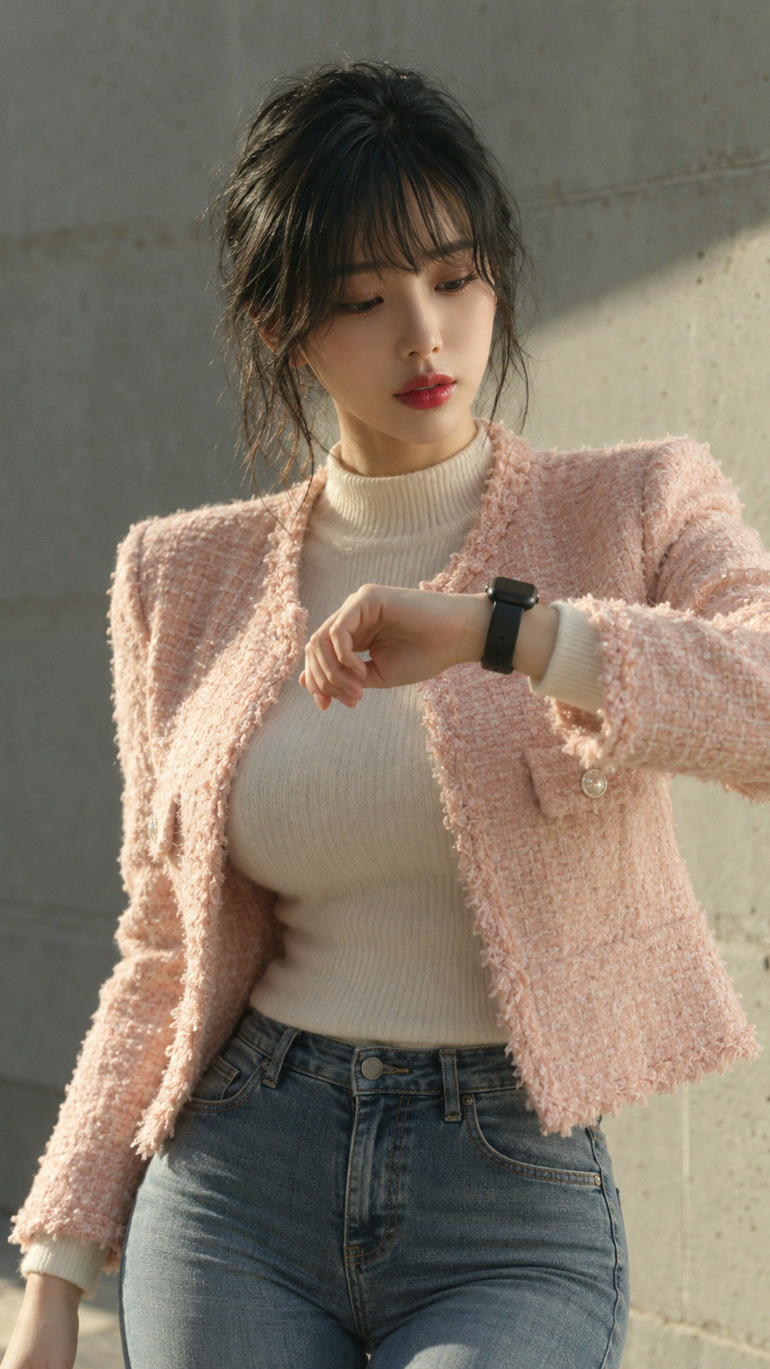 트위드 자켓 소매 아래, 가벼운 밴드 하나