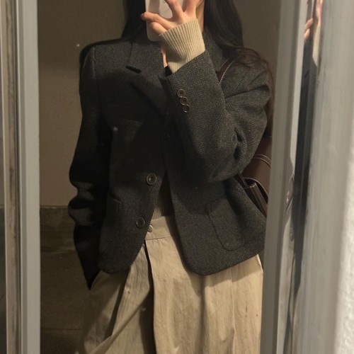 아렌 여성 가을 겨울 간절기 울 크롭 숏 헤링본 자켓