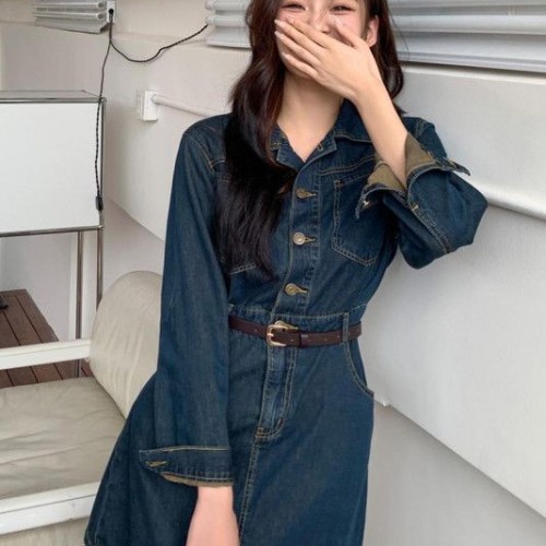 여성 긴팔 데님 미니 원피스 엑스라인 슬림핏 셔츠 카라 단추 하이웨이스트 캐주얼 데일리룩 봄 가을 4683