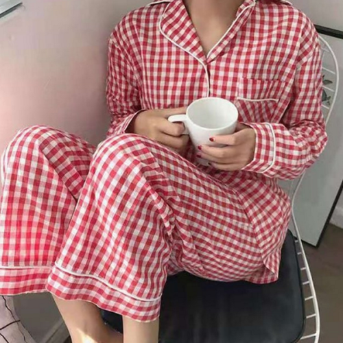 데일리 여성 잠옷 라운지 여성 파자마 상하의 간절기 체크 카라